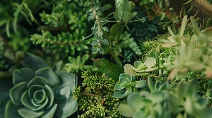 Wall Mural - Close-up of a display of succulents, varied shapes and rich green hues, soft natural light, detailed and textured.