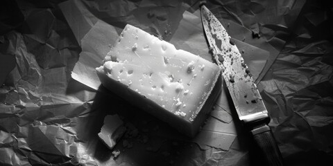 Poster - A slice of cheese sits next to a kitchen knife on a flat surface
