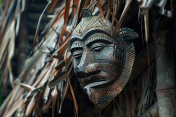Poster - A detailed view of a carved wooden mask on a wall, with intricate details and textures