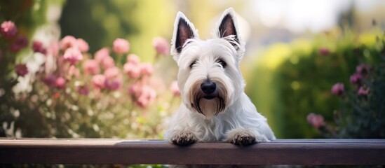 Poster - Scottish Terrier dog sitting on a white bench in the garden. Creative banner. Copyspace image