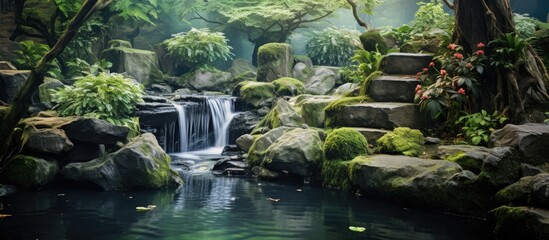 Aufkleber - Garden in full bloom with rocks and a small waterfall in background. Creative banner. Copyspace image