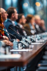 Wall Mural - A group of people sitting around a table with microphones, ready to discuss or present