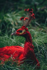 Poster - A close-up shot of a red bird sitting on grass, possibly looking for food or shelter