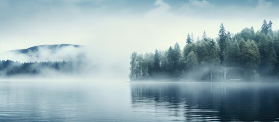 Wall Mural - Fog on lake in summer day. Creative banner. Copyspace image