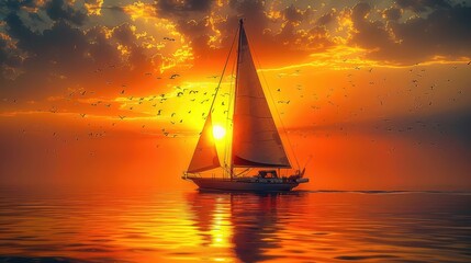 Sticker - Sailboat sunset fantasy with a silhouetted boat sailing along its journey against a vivid colorful sunset with birds flying in formation against an orange and yellow color filled  