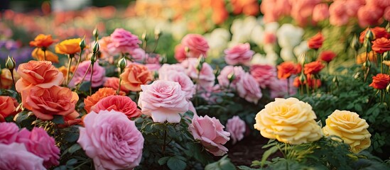 Poster - Roses in the garden of colorful flowers. Creative banner. Copyspace image