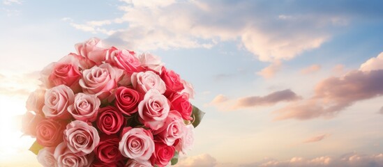 Poster - rose bouquet and natural light valentine day pre wedding flower roses love Beautiful sky. Creative banner. Copyspace image