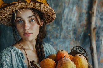 Poster - A woman wearing a straw hat holds a basket filled with fresh fruits, perfect for a picnic or market scene
