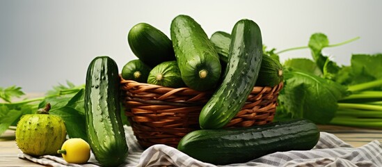 Poster - Close up group of fresh organic cucumber or zucchini in wood basket on white table Cucumber or zucchini is crunchy vegetable which have sweet taste and crunchy for salad and cooking. Creative banner