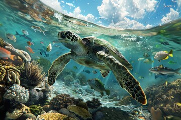 Poster - A turtle swims through the ocean surrounded by fish, providing a unique and serene underwater scene