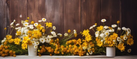 Aufkleber - Summer bouquet with bright yellow and white flowers on rustic background with copyspace