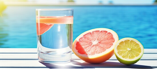 Wall Mural - glass water with cucumber and grapefruit on blue wooden table. Creative banner. Copyspace image