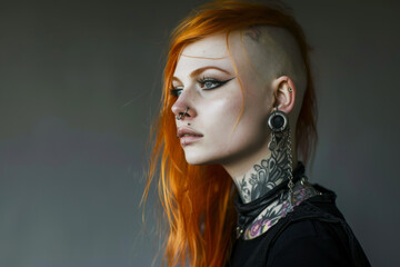 Woman with shaved head and orange hair posing for portrait