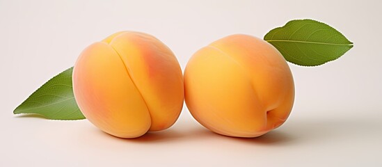 Two apricot fruit isolated on white background cutout. Creative banner. Copyspace image