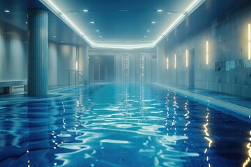 Poster - A large indoor swimming pool in a building with water and lanes