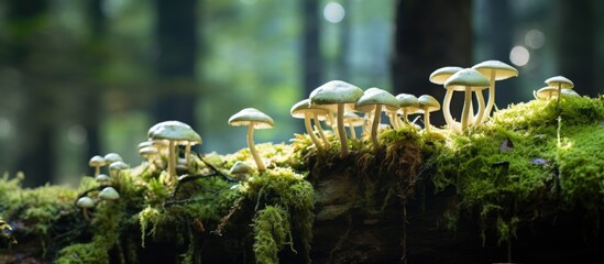 Mushrooms Armillaria mellea with a beige hat and a leg grow on a tree covered with green moss. Creative banner. Copyspace image