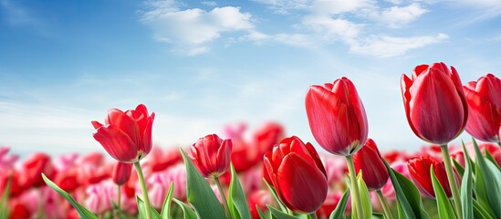 Fototapete - Beautiful flowers background Closeup and amazing view of growing red tulips flower. Creative banner. Copyspace image