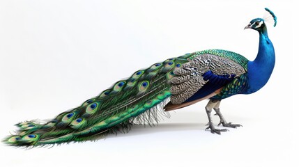 Poster - A colorful peacock stands on a white surface, displaying its vibrant feathers
