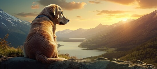 Poster - The dog in nature lies and looks into the distance. Creative banner. Copyspace image