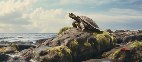 Poster - Turtle is sitting on the stone. Creative banner. Copyspace image