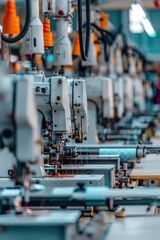 Poster - Industrial setting with rows of sewing machines on a factory floor, ready for production