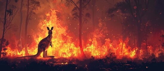 Wall Mural - Kangaroo Facing the Flames in a Burning Forest