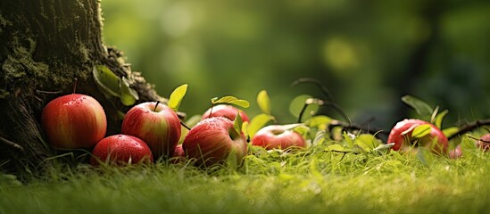 Wall Mural - Apples that have fallen from a tree are lying in the grass. Creative banner. Copyspace image