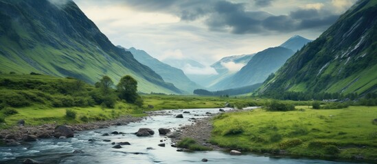 Sticker - River in mountains Serene clear waters weave through rugged peaks painting a tranquil and picturesque landscape. Creative banner. Copyspace image