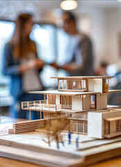 Poster - A model of a house is on display with a couple of people looking at it