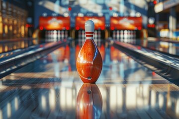Poster - A bowling ball sitting on top of a bowling alley, suitable for use in sports or recreation-themed projects