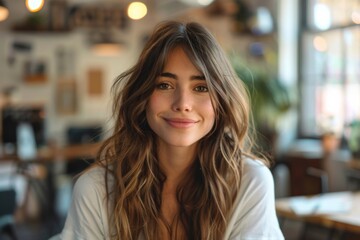 Poster - Young Woman in Cozy Cafe