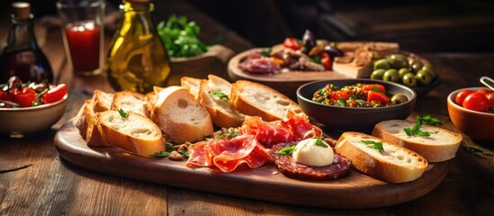 Poster - Bread Brushetta or authentic traditional spanish tapas set for lunch table Sharing antipasti on party or summer picnic time over wooden rustic background. Creative banner. Copyspace image