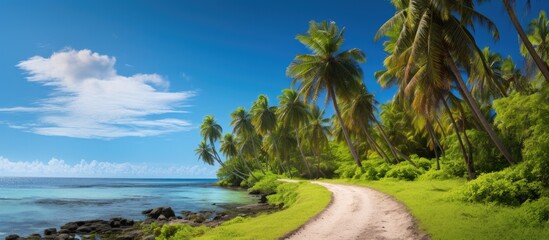 Poster - A nature walkway with green and coconut trees and clear sky. Creative banner. Copyspace image