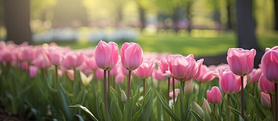 Aufkleber - Beuatiful sweet pink tulips flower growing and blossom in spring season field with green leaves and branch a moment romantic in garden holiday and nature concept. Creative banner. Copyspace image