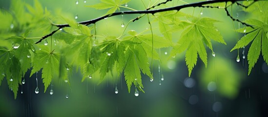 Wall Mural - Spring Raindrops Leaves It s Summer Soon. Creative banner. Copyspace image