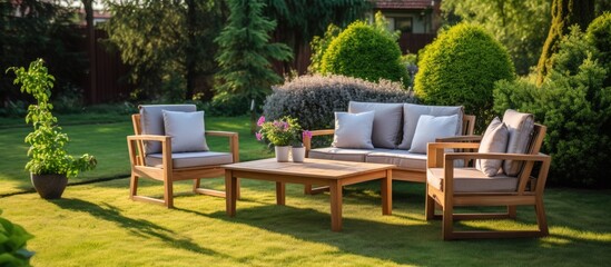 garden furniture on the lawn in the garden. Creative banner. Copyspace image