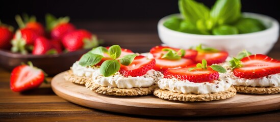Wall Mural - Round rice crackers with cream cheese and fresh fruit for dessert Vegetarian sandwiches with crispy bread and ripe strawberry. Creative banner. Copyspace image