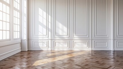 Aufkleber - A simple empty room with wooden floors and white walls, ideal for interior design or minimalist decor