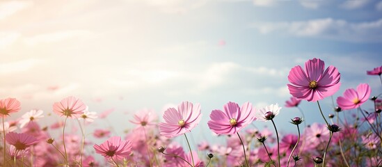 Sticker - Blurred cosmos field with sky background Pink cosmos flowers blooming in the wonderful garden with colorful background Soft focus and blur. Creative banner. Copyspace image