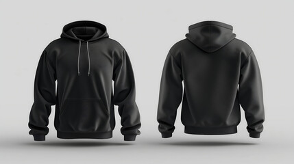 Black hoodie mockup template with front and back view against a smooth background