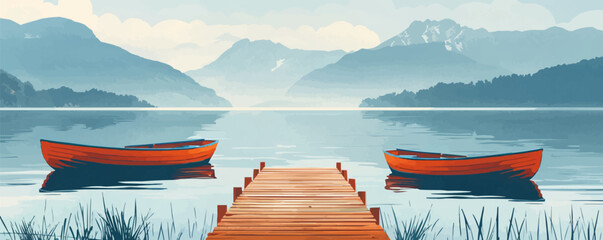 Canvas Print - Tranquil lakeside dock with rowboats Vector flat minimalistic isolated illustration