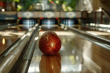Poster - A bowling ball sits atop a bowling alley, ready for play