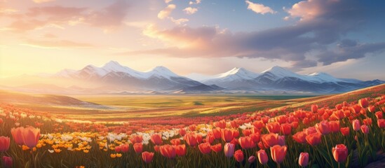 Poster - Wild tulips in the steppe. Creative banner. Copyspace image