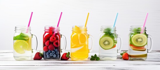 Poster - Infused flavored water with fresh fruits on white wooden background Refreshing summer homemade detox water. Creative banner. Copyspace image