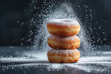 Wall Mural - Three Sugary Donuts Stacked with Powdered Sugar