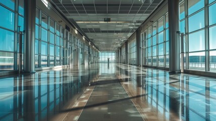 Poster - A long hallway with rows of windows providing natural light and views