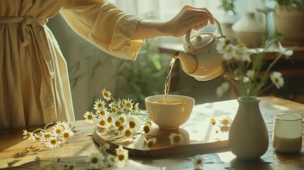 Poster - A person pouring tea into a cup on a table, perfect for still life or beverage-related images