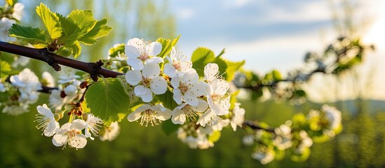 Poster - spring in Siberia the blossoming currant. Creative banner. Copyspace image