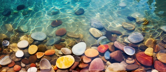 Leinwandbilder - Top view of colorful sea stones under the water Transparent sea water with reflections. Creative banner. Copyspace image