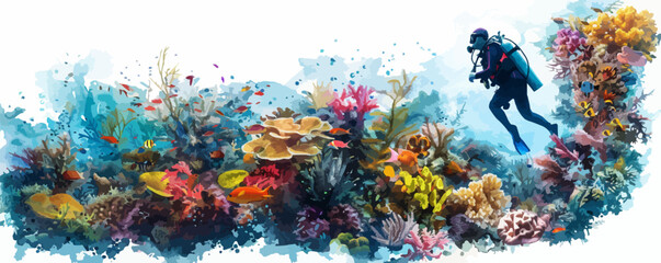 Wall Mural - A scuba diver exploring a vibrant coral reef teeming with marine life, representing the wonders of the underwater world, the diversity of marine ecosystems, and the importance of conservation on a